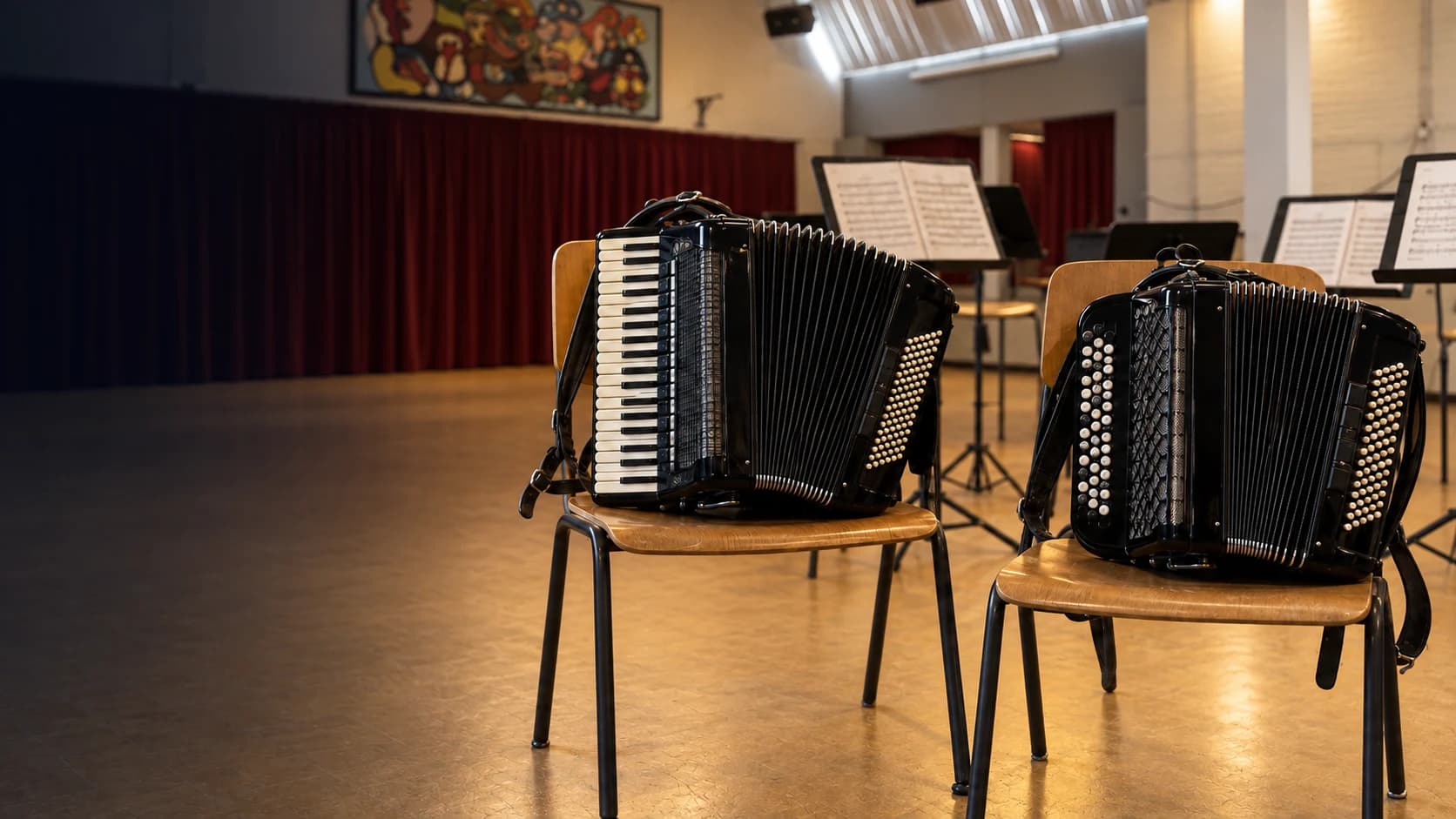 Impressie van twee accordeons en bladmuziek in de grote zaal van De Tempel